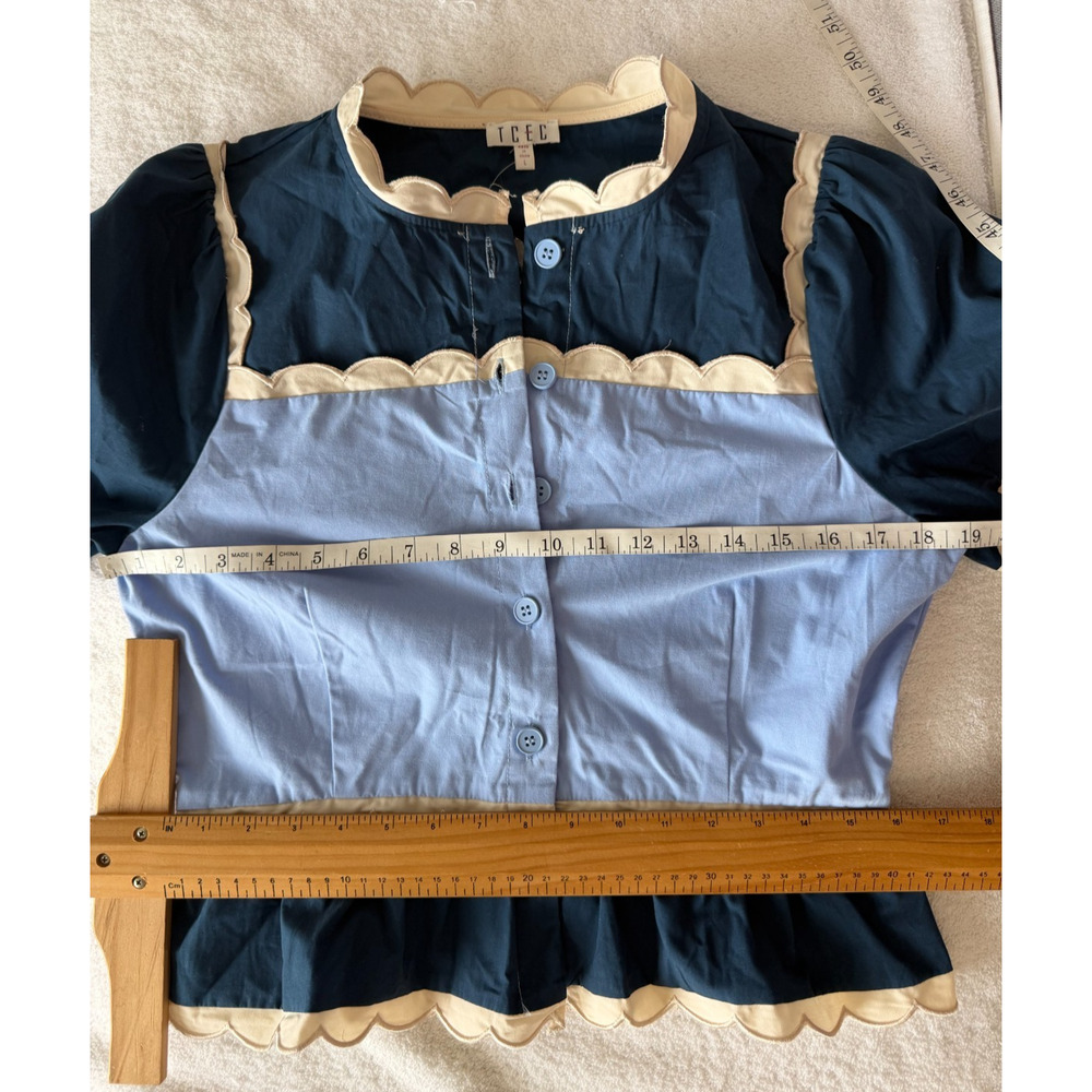New TCEC Peplum Color Block Scalloped lace Sezane Vibe statement top boho Sz-L - Picture 7 of 9